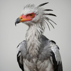 Obraz premium A secretary bird standing tall, sharp eyes and long legs, pure white background.