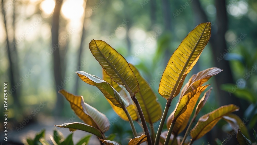 Poster close-up of green and golden leaves in a forest setting with sunlight filtering through trees creati