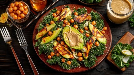 Vegan recipes superfoods dishes concept. A vibrant salad featuring kale, grilled avocado, chickpeas, and a flavorful dressing, served on a rustic plate with utensils and additional sides.