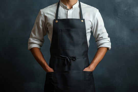 Portrait of a chef in a black apron with hands in pockets against a textured backdrop