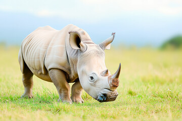 Obraz premium Grazing rhinoceros on open grassland under a bright sky, symbolizing strength, resilience, and the beauty of wildlife. 