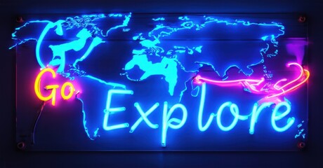 Neon sign with a glowing world map in blue and travel-themed text Go Explore in vibrant pink and cyan, mounted on a dark wall, symbolizing adventure and global exploration