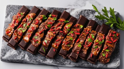 Vegan recipes superfoods dishes concept. A beautifully arranged platter of chocolate bars topped with vibrant red chili flakes and fresh herbs, showcasing a fusion of sweet and spicy flavors.