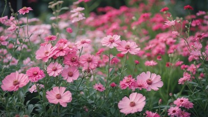 Obraz premium Pink flowers in full bloom in a vibrant garden setting with natural greenery and blurred background Copy Space