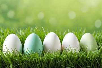 Fototapeta premium Close-up of white and green Easter eggs in grass
