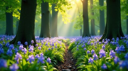 Naklejka premium Sunlit Woodland Path Adorned with a Carpet of Delicate Purple Blossoms, Creating a Serene and Magical Atmosphere