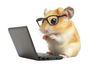 hamster wearing glasses types on tiny laptop, showcasing humorous and adorable scene. This cute animal appears focused and engaged in its task, adding playful touch to image