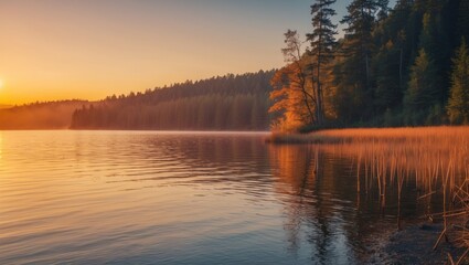 Fototapeta premium Autumn landscape reflection on tranquil lake at sunrise with trees and golden grass Copy Space