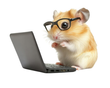 hamster wearing glasses types on tiny laptop, showcasing humorous and adorable scene. This cute animal appears focused and engaged in its task, adding playful touch to image - Powered by Adobe