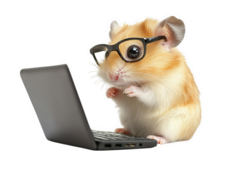 hamster wearing glasses types on tiny laptop, showcasing humorous and adorable scene. This cute animal appears focused and engaged in its task, adding playful touch to image