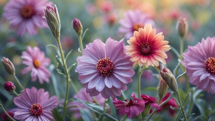 Fototapeta premium Colorful garden flowers in full bloom with varying shades of pink and orange petals surrounded by green foliage Copy Space