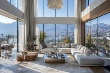 Modern living room design in a high-rise home with expansive views of the mountains and city skyline