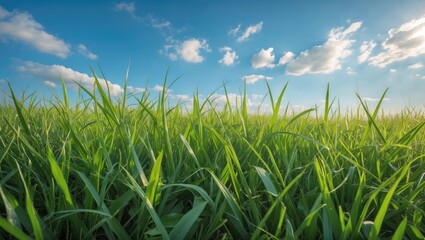 Fototapeta premium Lush green grass field against a bright blue sky with fluffy white clouds vibrant landscape natural setting Copy Space