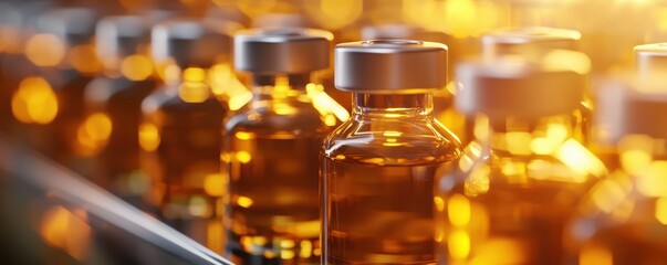 Golden light illuminating glass vials on a production line