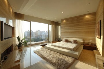 Modern minimalistic bedroom design with city views in a high-rise building during daytime