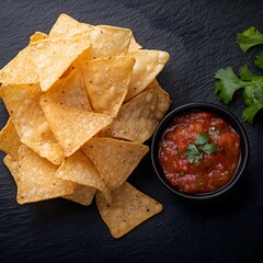 Tortilla chips, salsa, cilantro, slate background, appetizer