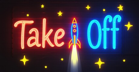 Glowing neon Take Off text illuminates a dark background, accompanied by a vibrant rocket launching with fiery exhaust, creating a futuristic and dynamic space exploration scene