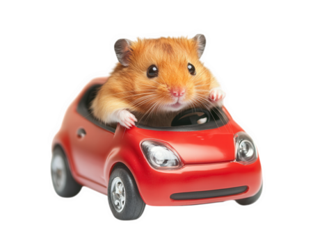 hamster sitting in tiny red car, looking like cheerful driver, brings playful and whimsical vibe to scene