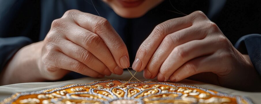 handicrafts embroidery skill concept. Craftsman embroidering intricate patterns with focused hands.