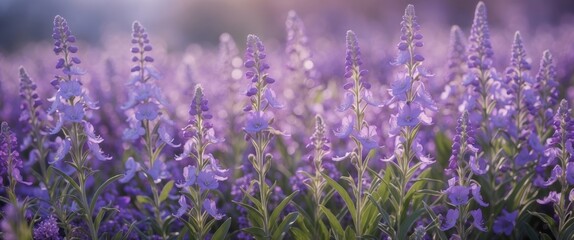 Fototapeta premium Vibrant field of purple flowers with lush green foliage under soft natural light suitable for backgrounds and design projects Copy Space