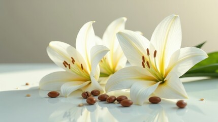 Obraz premium Delicate white lilies and aromatic coffee beans rest on a pristine surface, bathed in soft sunlight