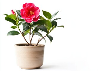 Fototapeta premium Beautiful camellia plant in a trendy pot enhancing modern interior decor