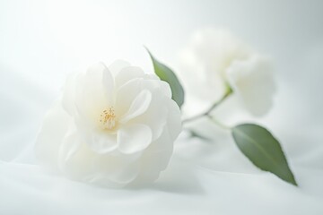 Delicate camellia on soft white background showcasing intricate details and natural beauty in studio setting
