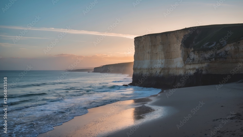 Wall mural Coastal landscape at sunset with sandy beach and cliff formations reflecting in the water on a calm evening Copy Space