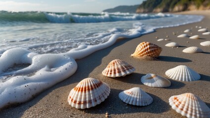 Seashells scattered on sandy beach with gentle waves and foamy water in the background Copy Space