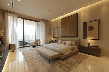 Modern bedroom with large windows offering city views and minimalist decor in a contemporary...