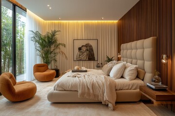 Modern bedroom design with cozy decor and natural lighting in a serene setting