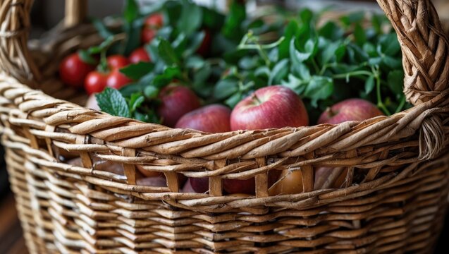 Woven wicker basket filled with fresh apples and cherry tomatoes surrounded by green mint leaves on a wooden surface Copy Space