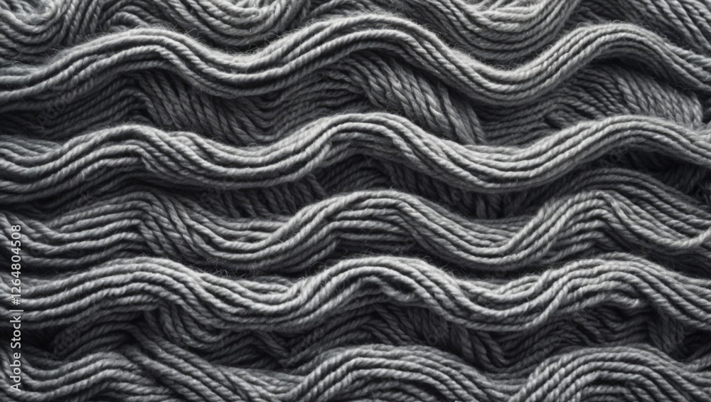Poster gray textured wool yarn arranged in wavy layers creating depth and dimension with copy space for tex