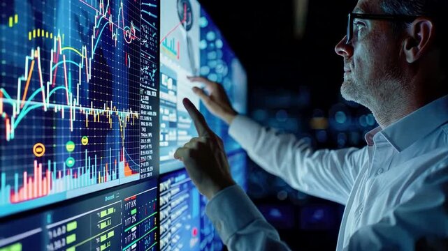 A financial advisor points out details on capital allocation models via touchscreen. Capital allocation