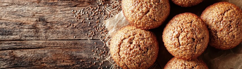 Golden flaxseed muffins on rustic wooden table