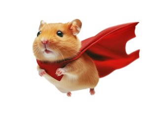hamster in superhero cape flying through air, showcasing bravery and adventure. This adorable scene captures essence of fun and imagination