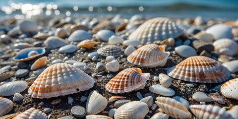 Seashells on sandy beach with pebbles glistening in sunlight and ocean in background Copy Space