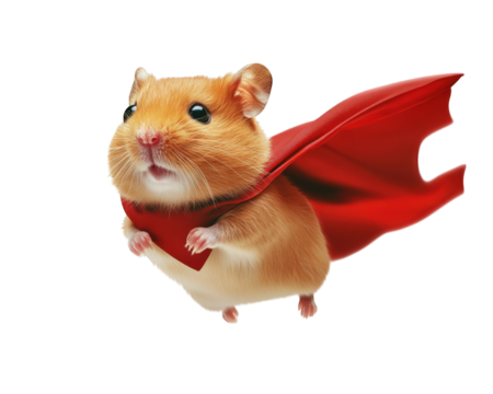 hamster in superhero cape flying through air, showcasing bravery and adventure. This adorable scene captures essence of fun and imagination