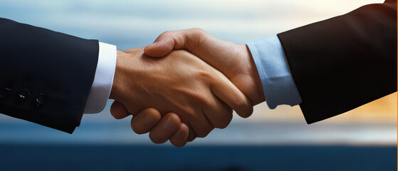 Obraz premium Two business people shake hands against a blurred background, symbolizing partnership, agreement, and collaboration in a professional setting.