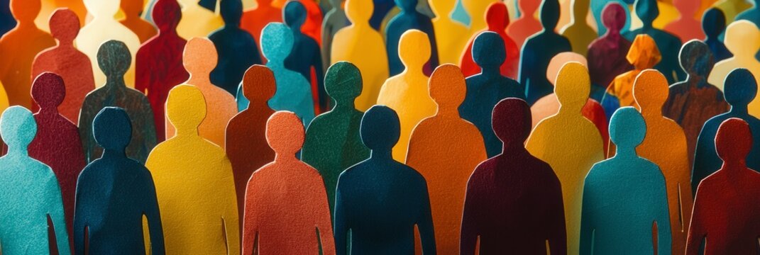 An impressive image depicting a vibrant crowd of paper figures in strong colors, representing the rich tapestry of human diversity and the emotional connections shared within communities.