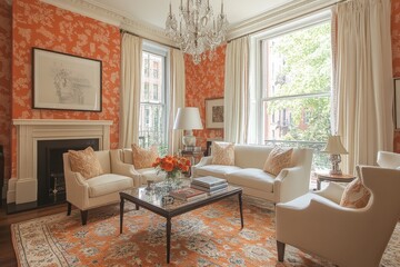 Elegant living room with vibrant orange wallpaper and stylish decor in a classic home setting