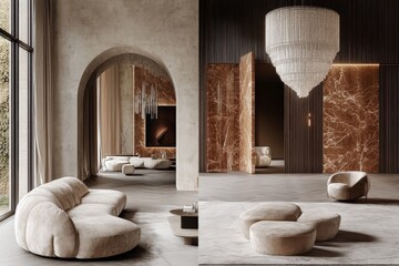 Elegant modern interior design featuring spacious lounge area and stunning chandelier