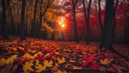Autumn forest landscape with vibrant orange and red foliage at sunset and fallen leaves on the ground Copy Space