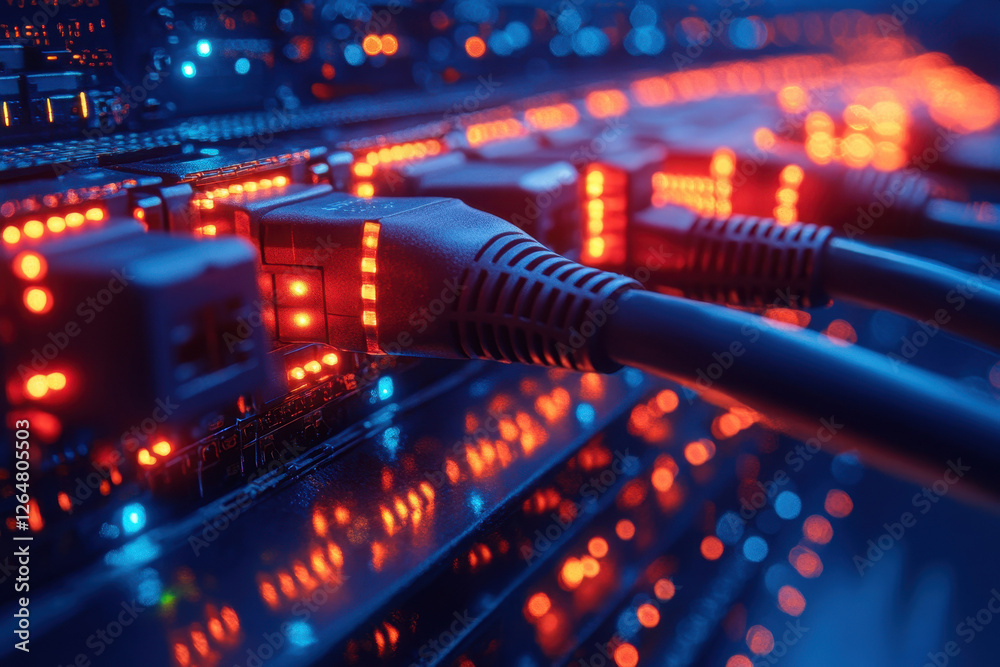 Poster close-up view of network cables connecting to a server in a dimly lit data center with glowing leds