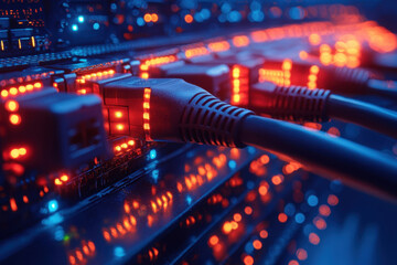 Close-up view of network cables connecting to a server in a dimly lit data center with glowing LEDs