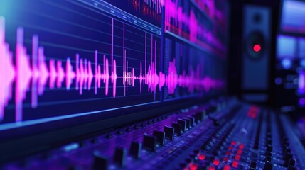 Close-up of audio mixing console with vibrant waveforms