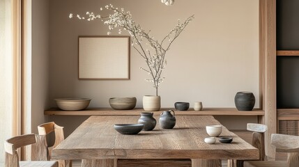 Wooden dining table with pottery and flowering branches displays elegance