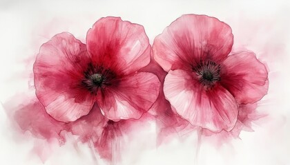 Fototapeta premium Three Delicate Pink Watercolor Poppies, Floral Illustration, Gentle Brushstrokes, Pastel Background