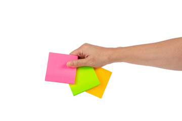 Obraz premium Paper stickers in hand. Hand holding a green sticker. Notes for the message on transparent background.