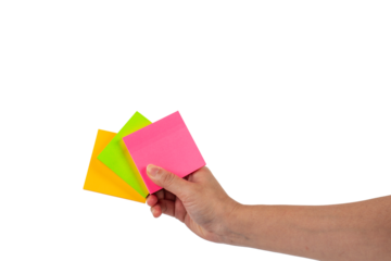 Paper stickers in hand. Hand holding a green sticker. Notes for the message on transparent background.